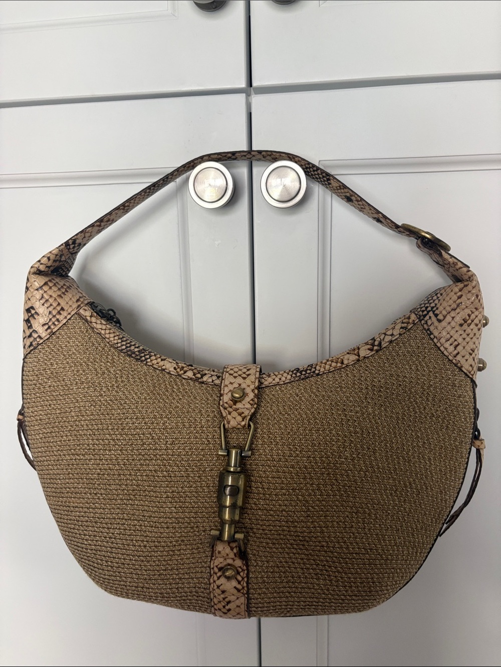 Eric Javits Taupe Woven Shoulder Bag with Faux Snakeskin Trim